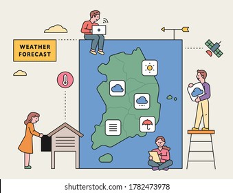 A weather caster reporting with South Korean weather observers. flat design style minimal vector illustration.