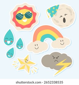 tempo e adesivos de corpo celeste, sol, lua, estrelas, arco-íris, nuvem com raios e chuva em estilo bonito com faces