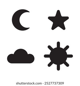 Weather and celestial icons. Moon, star, cloud, and sun symbols. Simple black shapes. Vector graphic set.