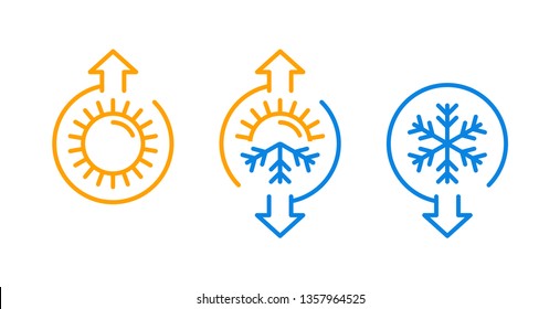 Weather change or climate control icon with temperature rising and lowering arrow indicator - isolated vector set