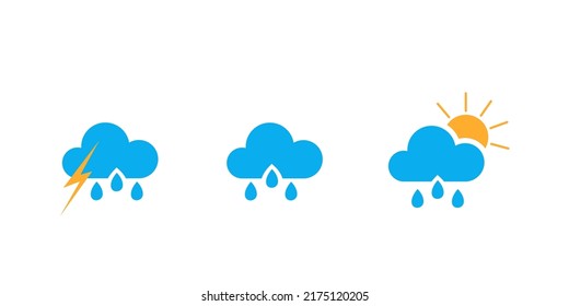 Weather change icons set clouds with rain lightning sun. Vector drawing, flat, cartoon style. Postcard design, website, weather forecast