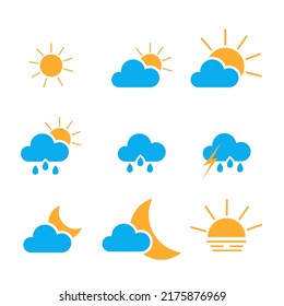 Los iconos del cambio climático establecen la hora de la lluvia solar de la luna nublada del día. Dibujo vectorial, plano, estilo caricatura. Diseño de postales, sitio web, previsión meteorológica