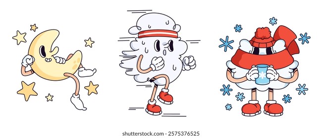 Weather character doodle collection - crescent moon surrounded by stars, jogging wind personage, winter snow cloud mascot wearing scarf and knitted hat drinking hot beverage. Cartoon climate elements.