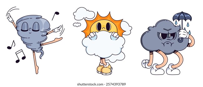 Weather character doodle collection - dancing tornado with musical notes, shy sun hiding behind fluffy cloud, grumpy storm holding umbrella with raindrops. Whimsical cartoon meteorological mascots.