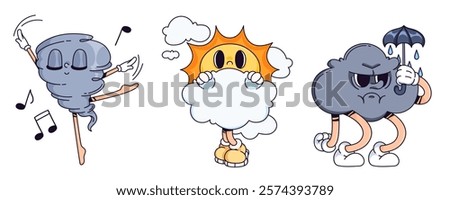 Weather character doodle collection - dancing tornado with musical notes, shy sun hiding behind fluffy cloud, grumpy storm holding umbrella with raindrops. Whimsical cartoon meteorological mascots.