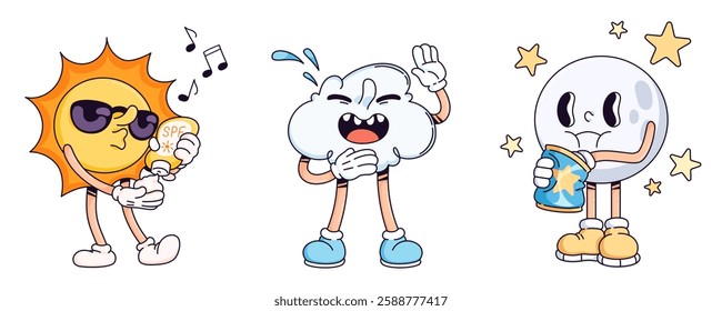 Weather character doodle set with expressive mascots - sun holding bottle, cheerful cloud laughing with tear drops, moon surrounded by stars eating snack. Cute cartoon meteorological personage