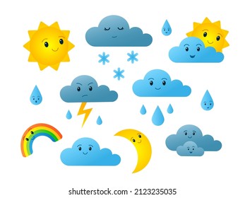 Weather characters. Cute cartoon clouds sun rainbow with funny faces for kids room wallpaper. Vector set
