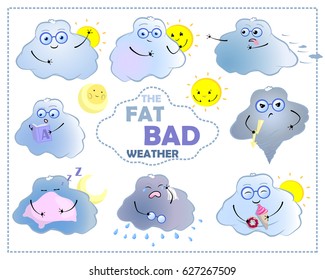Weather characters in doodle style. Cloud, sun, moon vector illustrations on white background. Cloud emoji clipart. Weather forecast nursery style icons. Cute character. Natural environment education