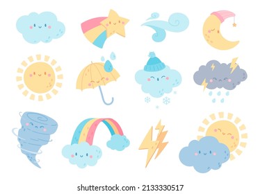 Weather characters with funny faces, cute sun and thunderstorm clouds. Rainbow, cloud with snowflakes, tornado, moon, umbrella, meteorology vector set