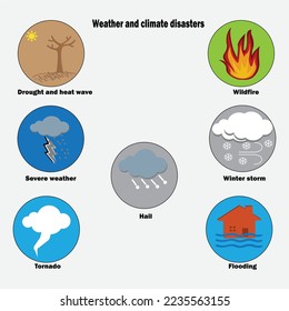 Catastrophes météorologiques et climatiques telles que sécheresse et vague de chaleur, conditions météorologiques extrêmes, grêle, tornade, incendies de forêt, tempête d'hiver et inondations