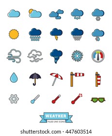 Los iconos de los vectores de línea llenos de clima y clima están configurados. Colección de 25 símbolos relacionados con la meteorología.