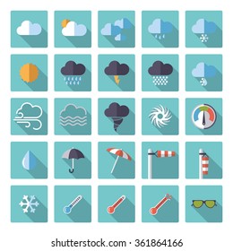 Weather and climate flat design vector icons in rounded squares collection