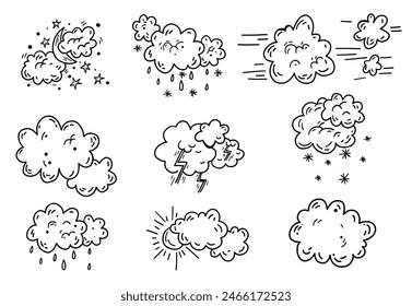 Weather climate forecast hand drawn set collection thunder, storm wind, snow elements daylight night.