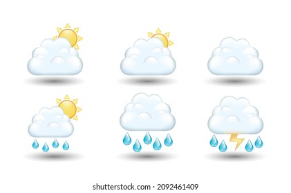 Weather, climate, forecast icons. Clouds with sun, rain drops and thunder vector illustration, emoticons, symbols set. 3d illustration