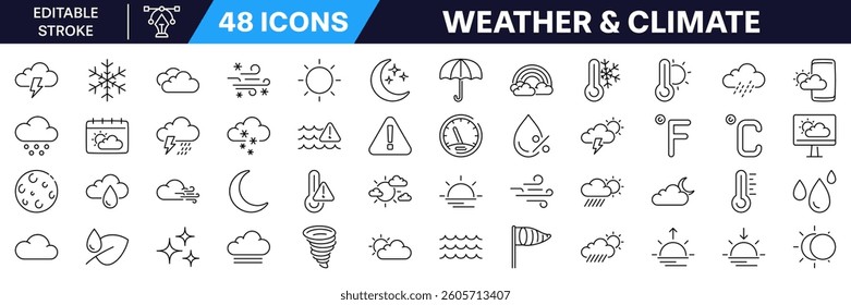 Weather and climate icon set. Linear style. Editable Stroke.
