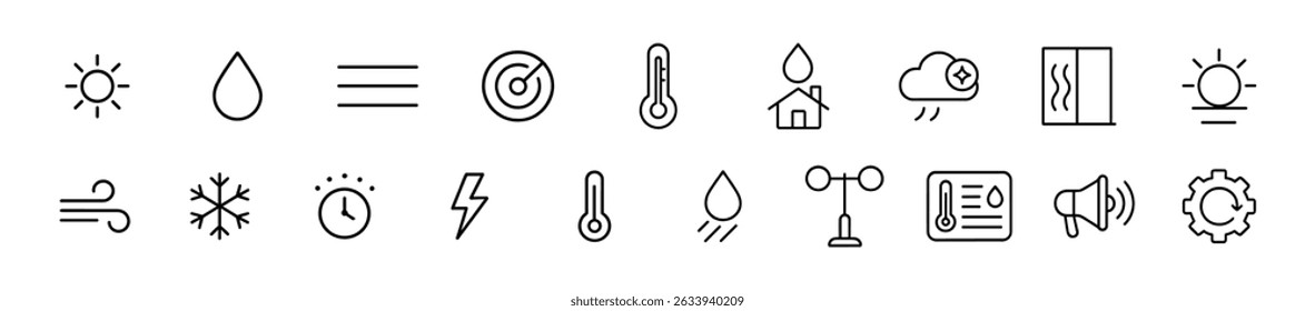 Weather and climate icon set - outline, temperature, rain, and sun symbols