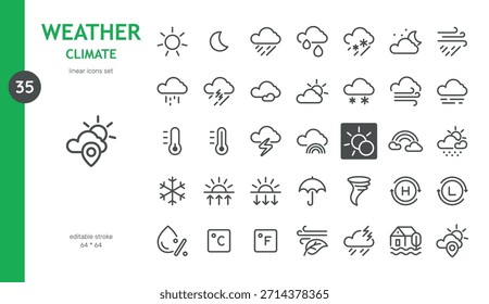 Conjunto de iconos de Clima y clima. Colección de línea fina de símbolos de pronóstico que incluyen sol, nube, lluvia, nieve, inundación, viento y temperatura. Paquete de Vector de contorno aislado, conjunto de pictogramas de trazo editable
