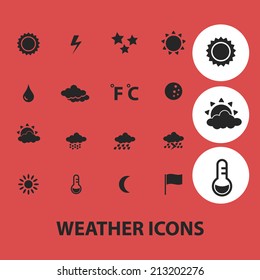 weather, climate isolated icons, signs, symbols, illustrations, silhouettes, vectors set