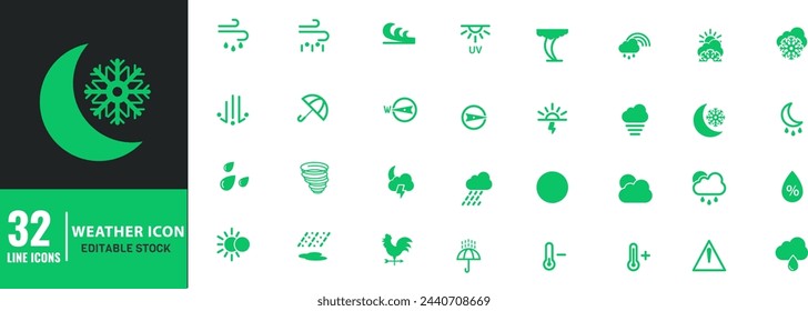 Weather and Climate line icons set Stroke. Rain, moon, sun, windy, sky, snow, cloud Vector Illustration.	
