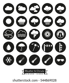 Weather and climate round icons set. Collection of weather and climate related circular black vector icons