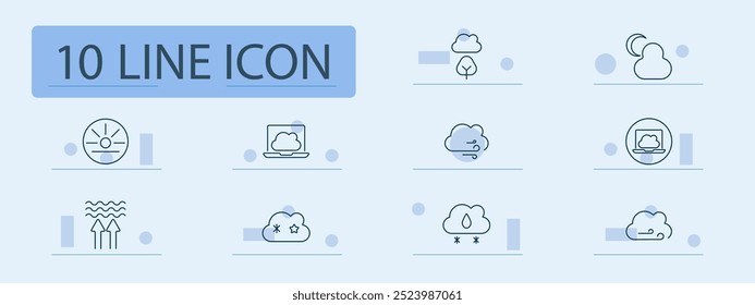 Icono de conjunto de Clima y clima. Nube, sol, árbol, luna, viento, nieve, lluvia, ordenador portátil, calor, frío, brisa, pronóstico de Clima, naturaleza, temperatura, meteorología, computación en nube, atmósfera, medio ambiente.