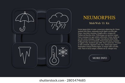 Weather climate set icon. Line icons display umbrella, cloud with rain lightning, icicle shape, thermometer with snowflake, seasonal conditions, meteorology, temperature change, forecast concept