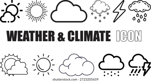 Wetter- und Klimasymbole - Sonne, Wolke, Regen, Schnee, Sturmvektoren 