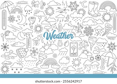 Weather and climate symbols symbolizing onset of winter or summer and autumn with spring. Clouds and sun or moon with snowflakes for weather forecast design in magazine. Hand drawn.