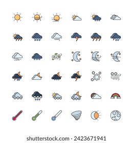 weather, climate, temperature and meteorology vector icon set design filled line style. perfect use for logo, presentation, website, and more. modern icon set design color outline style