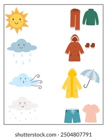 Weather and clothes worksheet for kindergarten, match the weather to the suitable clothing, weather activity for kids 