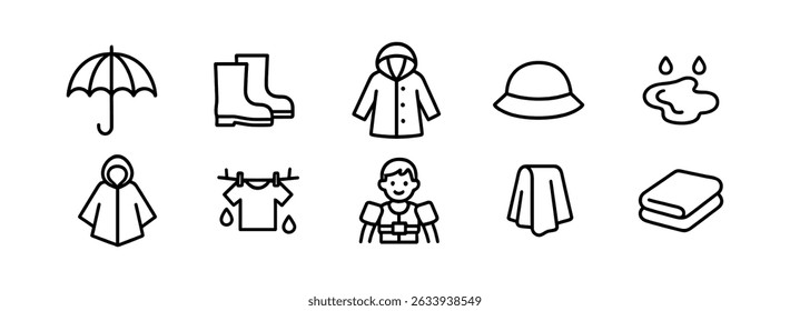 Weather and clothing line icon set - outline style for rainy days and apparel symbols