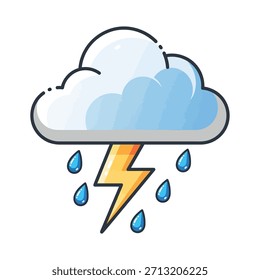 Wetterwolke mit Blitz und Regen Emoji Symbol. Gewitterschauerweather condition Blinkende Bolzen Illustration Vektorgrafik.