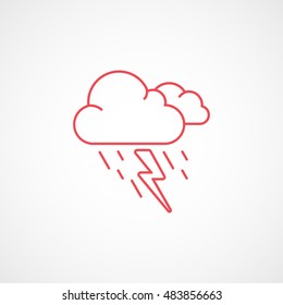 Weather Cloud With Lightning And Rain Red Flat Icon On White Background