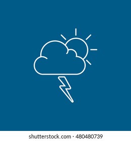 Weather Cloud With Lightning And Sun Line Icon On Blue Background