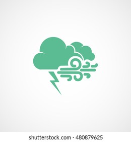 Weather Cloud With Lightning And Wind Green Flat Icon On White Background