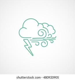 Weather Cloud With Lightning And Wind Green Line Icon On Light Background