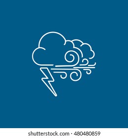 Weather Cloud With Lightning And Wind Line Icon On Blue Background