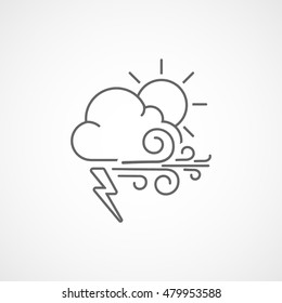 Weather Cloud With Lightning Wind And Sun Line Icon On White Background