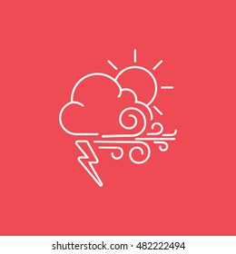 Weather Cloud With Lightning Wind And Sun Line Icon On Red Background