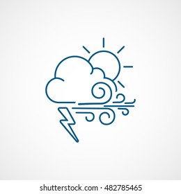 Weather Cloud With Lightning Wind And Sun Blue Line Icon On White Background