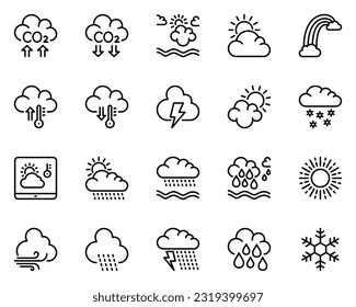 weather and cloud line icons set. thunder, rainbow, storm, stroke, sunshine, meteorology, wind, outline, weather, sunrise, drop, graphic, thunderstorm, sunlight