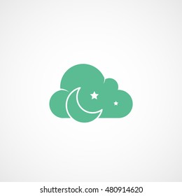 Weather Cloud With Moon And Stars Green Flat Icon On Light Background