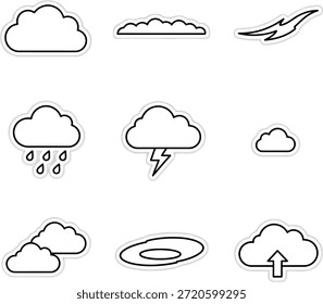 Conjunto de iconos de contorno de nube de Clima con estilo de línea de lluvia, trueno y niebla