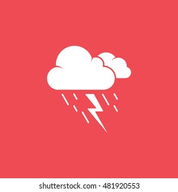 Weather Cloud With Rain And Lightning Flat Icon On Red Background