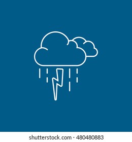 Weather Cloud With Rain And Lightning Line Icon On Blue Background