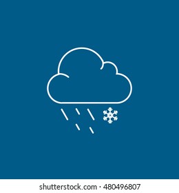 Weather Cloud With Rain And Snow Line Icon On Blue Background