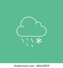 Weather Cloud With Rain And Snow Line Icon On Green Background