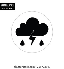 Weather -  cloud, rain and thunder black and white flat icon. Vector Illustration.