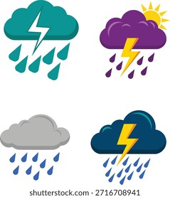 Clima Nube Lluvia y Tormenta Icono Set con Relámpago y Gotas de Lluvia – Ilustración vectorial