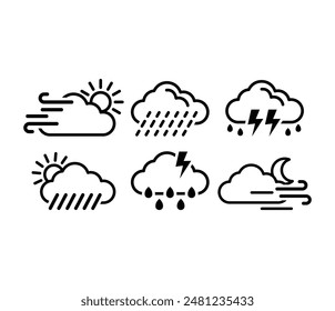 weather cloud rain wind, sun, snow, fog, lightning icons symbol vector design simple line illustration collection set isolated